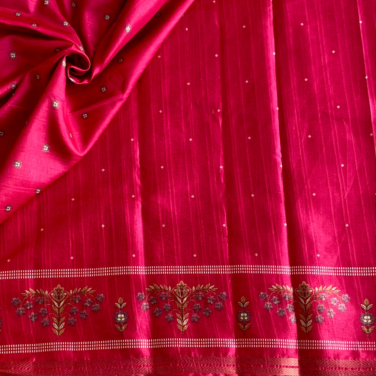Rani Pink Soft Tussar Saree With Printed Gold Pallu