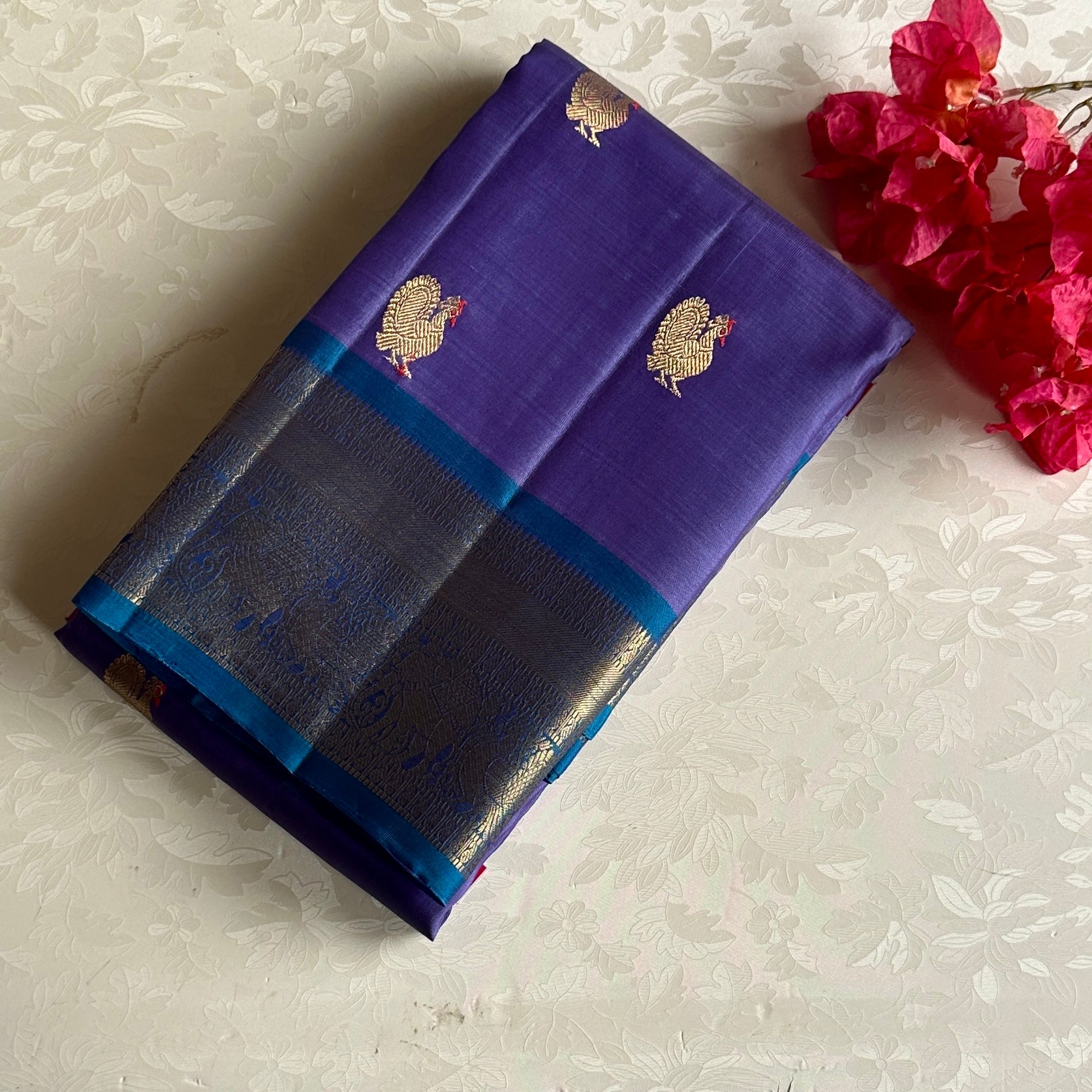 Royal Purple Designer Pure Silk Saree With Teal Blue Pallu