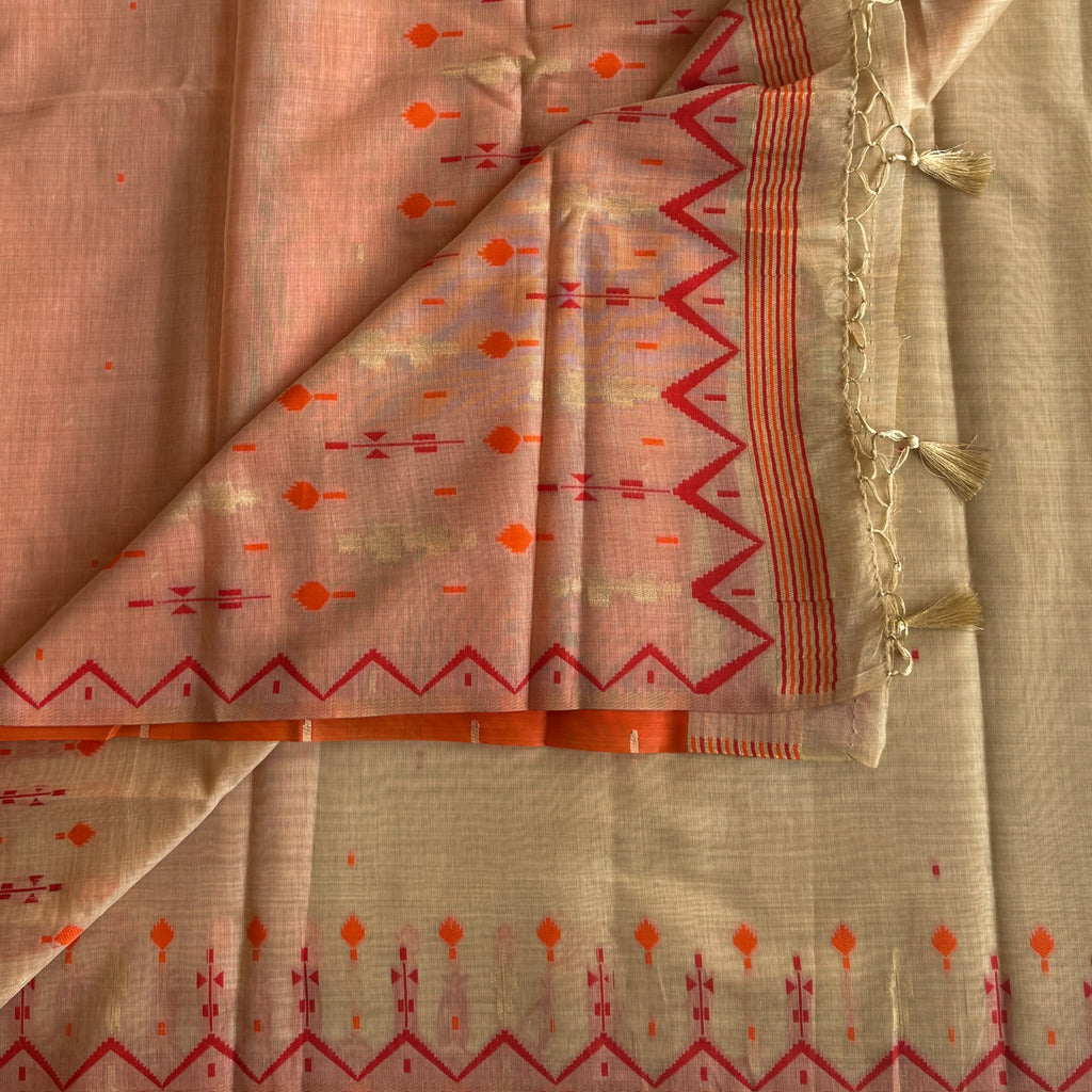 Blush Pink Ikat Saree with Coral Motifs and Tassel Pallu
