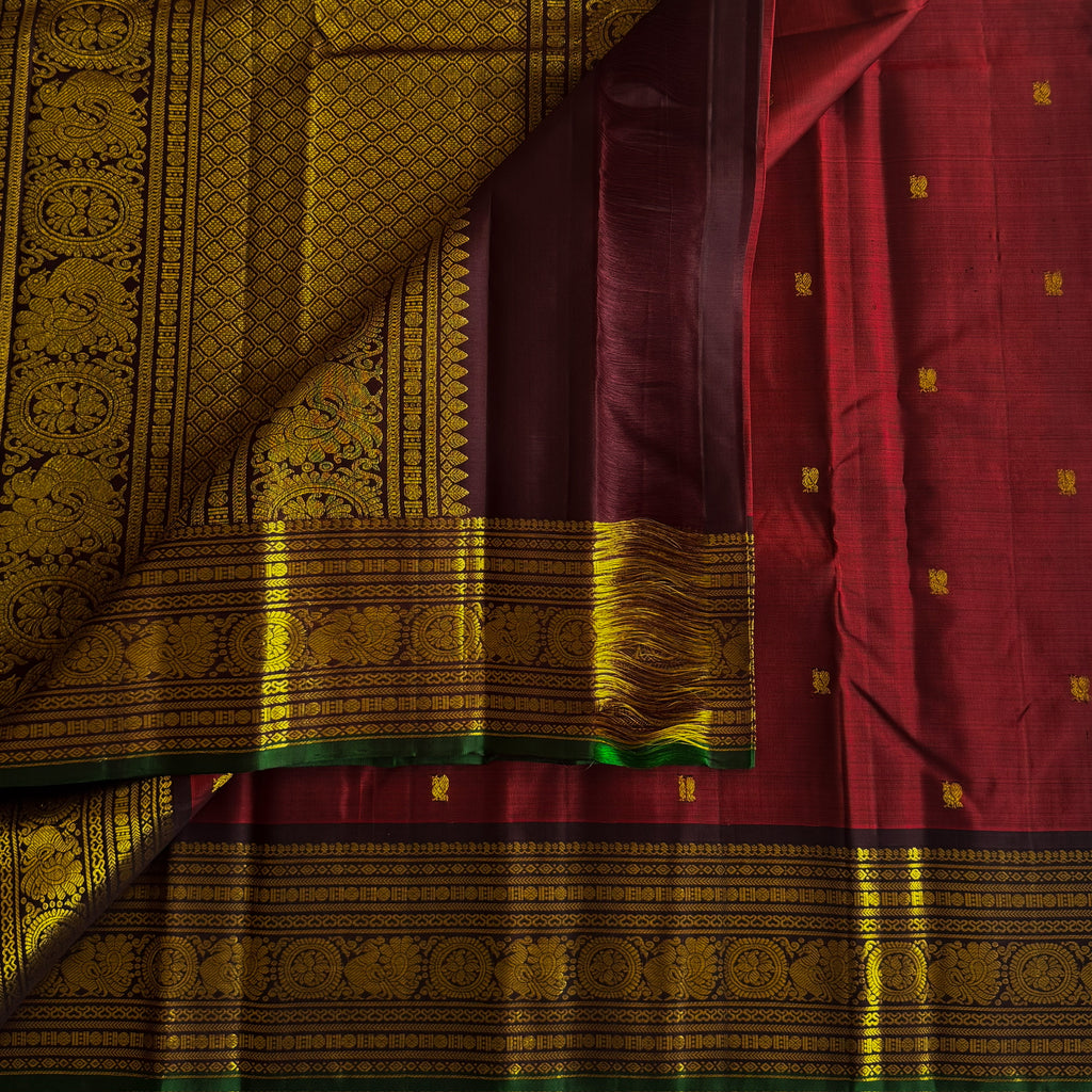 Burgundy Silk Saree Gold Brocade Floral Pallu Green Edged Border
