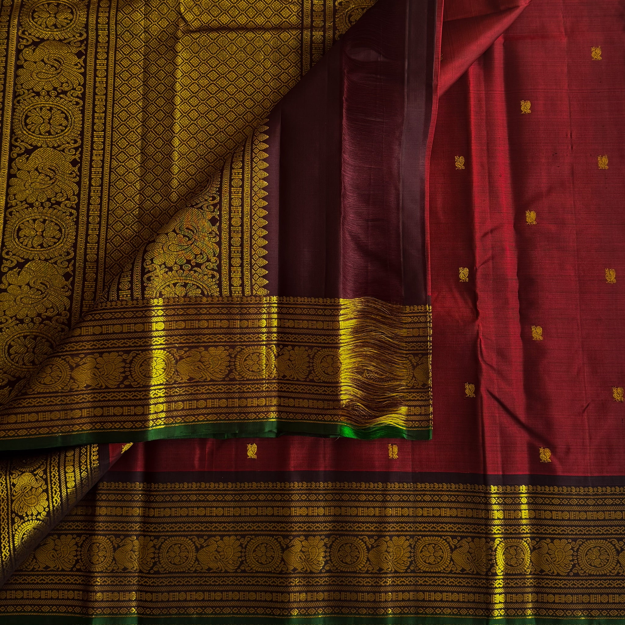 Burgundy Silk Saree Gold Brocade Floral Pallu Green Edged Border