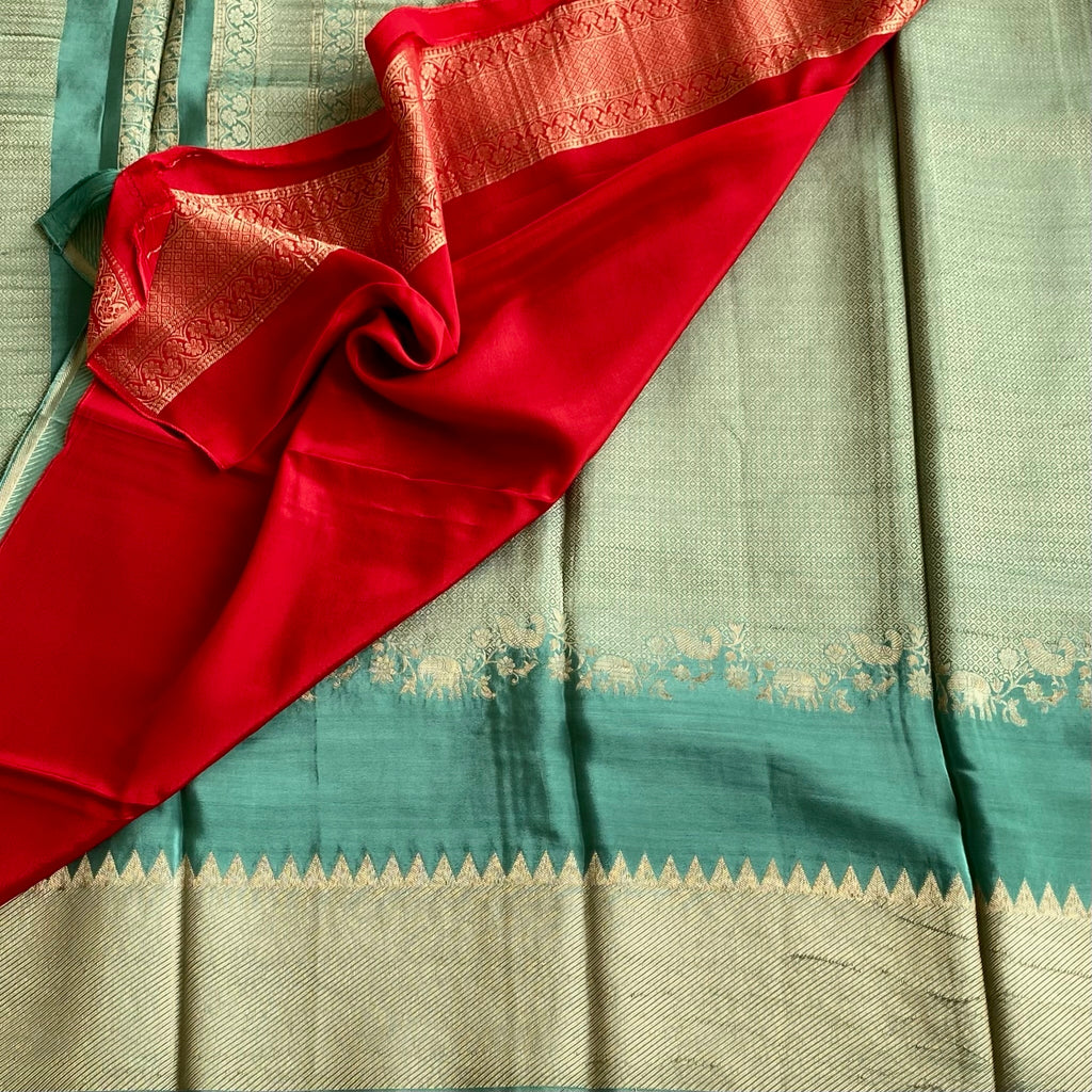 Persian Green With Rosso Red Soft Tussar Silk Saree