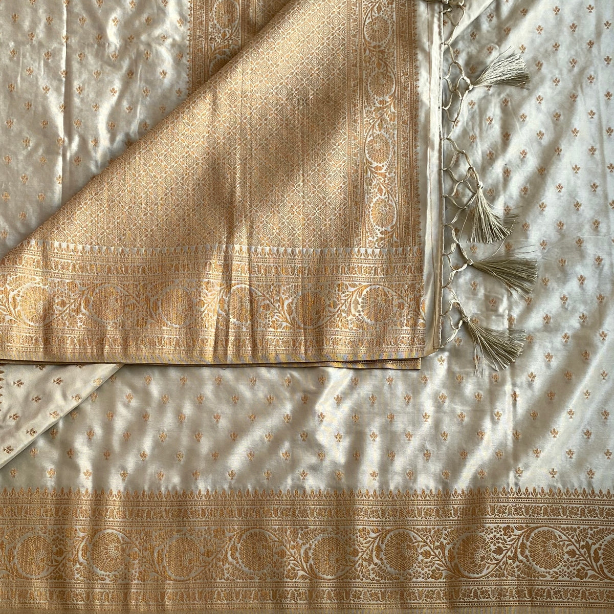 Lightest Sage Greyish Green Soft Satin Crepe Silk Saree With Antique Gold Pallu