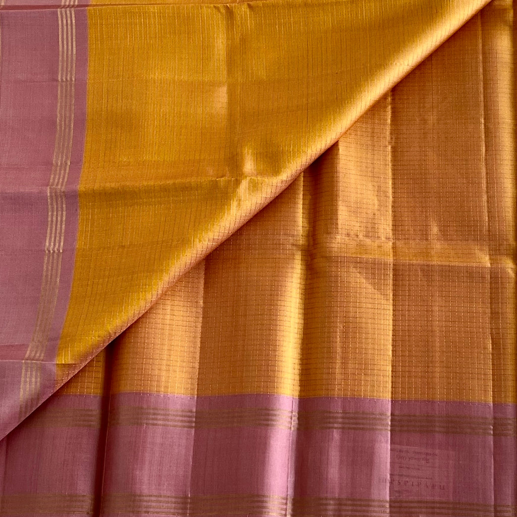 Mustard Checkered Designer Pure Silk Saree With Dusty Rose Pallu