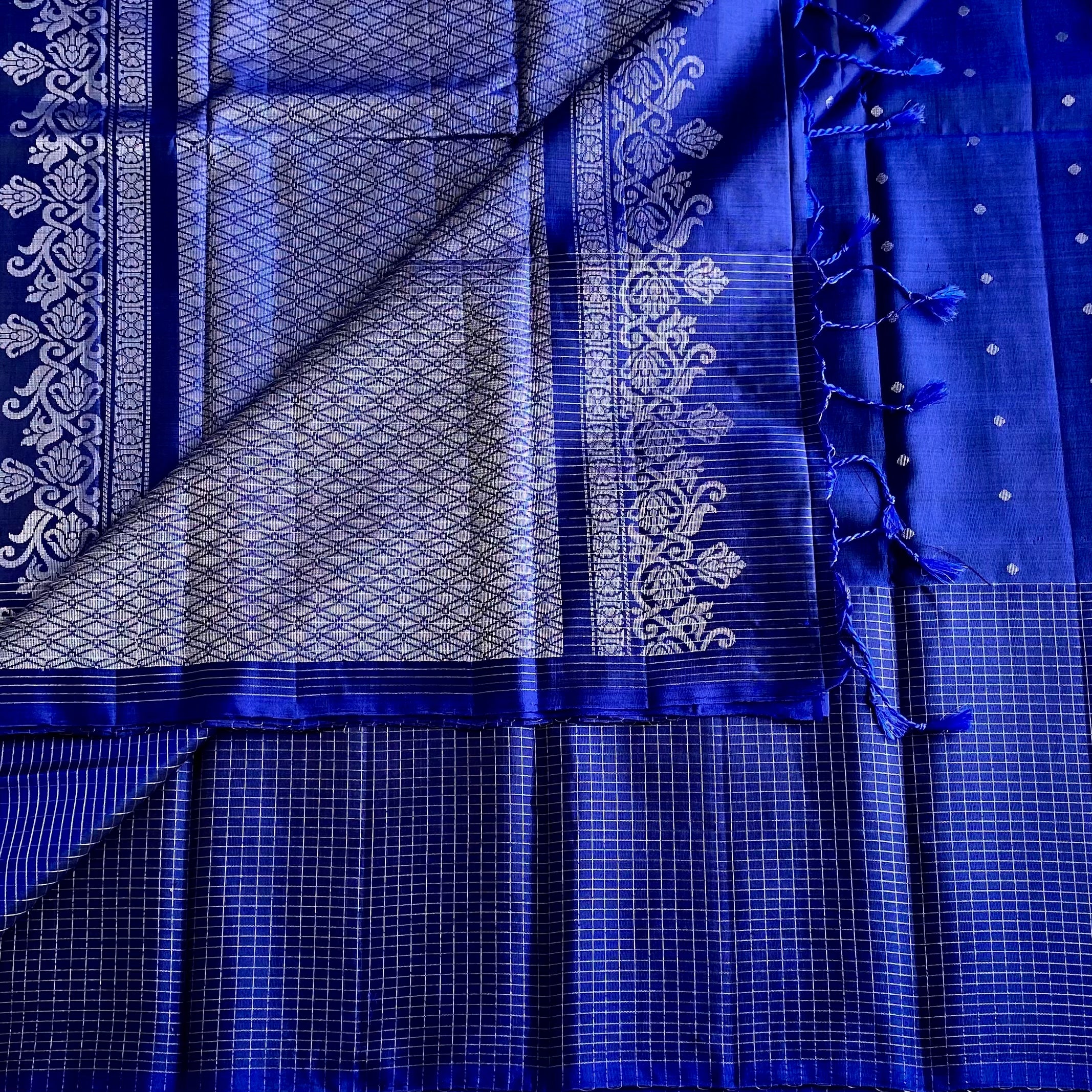 Royal Blue Designer Pure Silk Saree With Silver Floral Border And Tassels