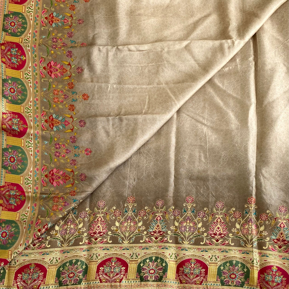 Stunner Grey Beige And Magenta Meenakari Soft Tussar Silk Saree With Paisley Panels