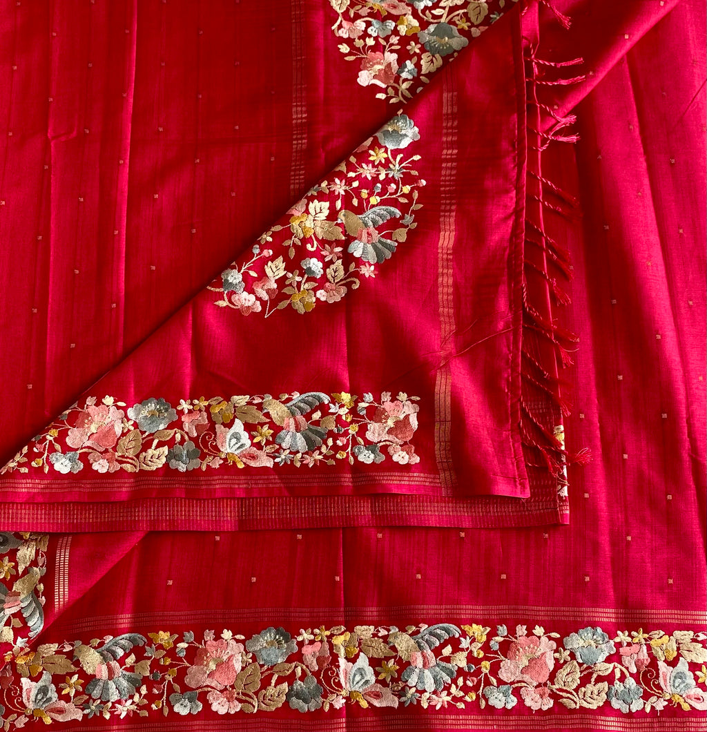 Tomato Pink Soft Tussar Silk Saree With Silver Grey Embroidery