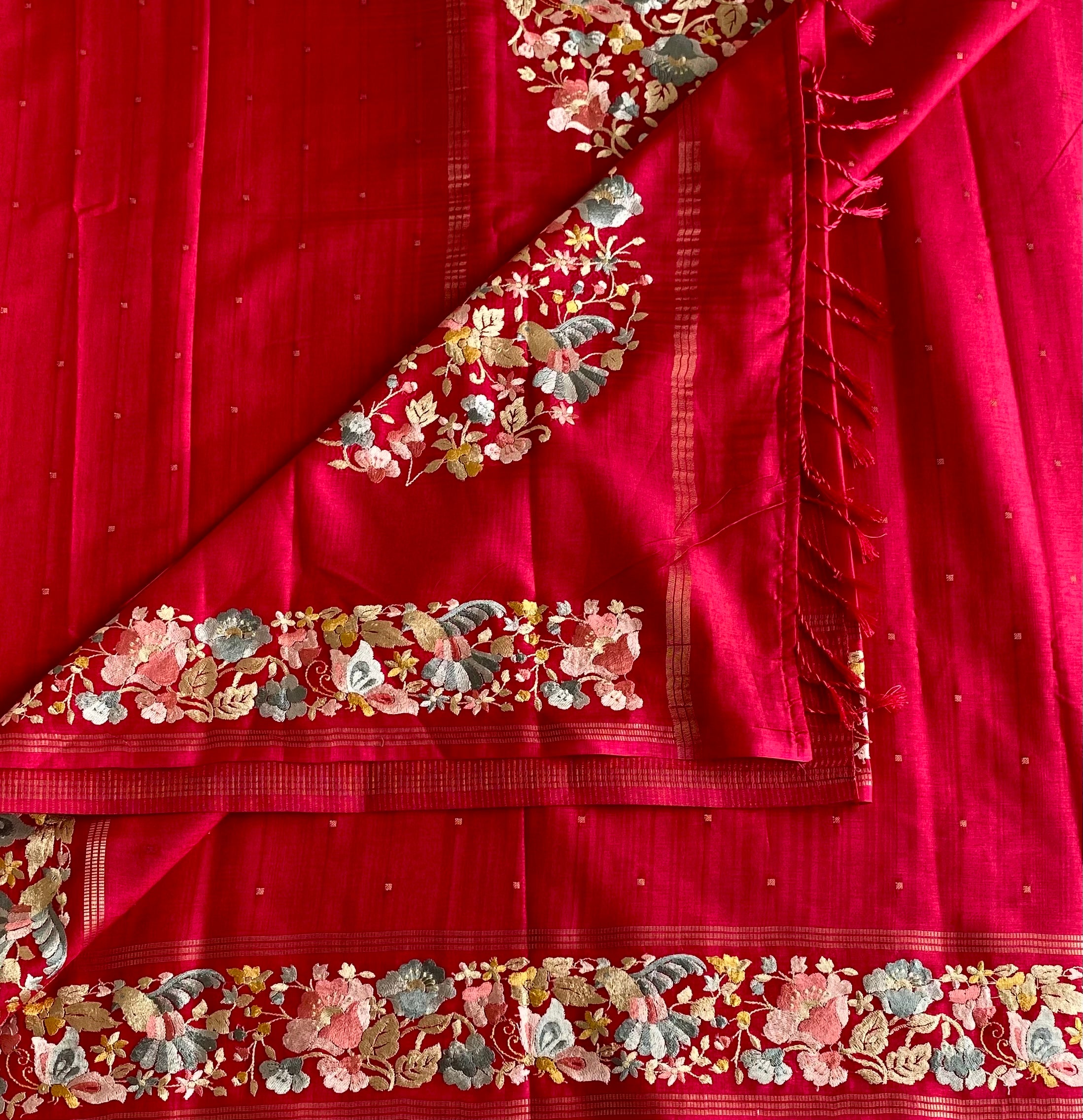 Tomato Pink Soft Tussar Silk Saree With Silver Grey Embroidery