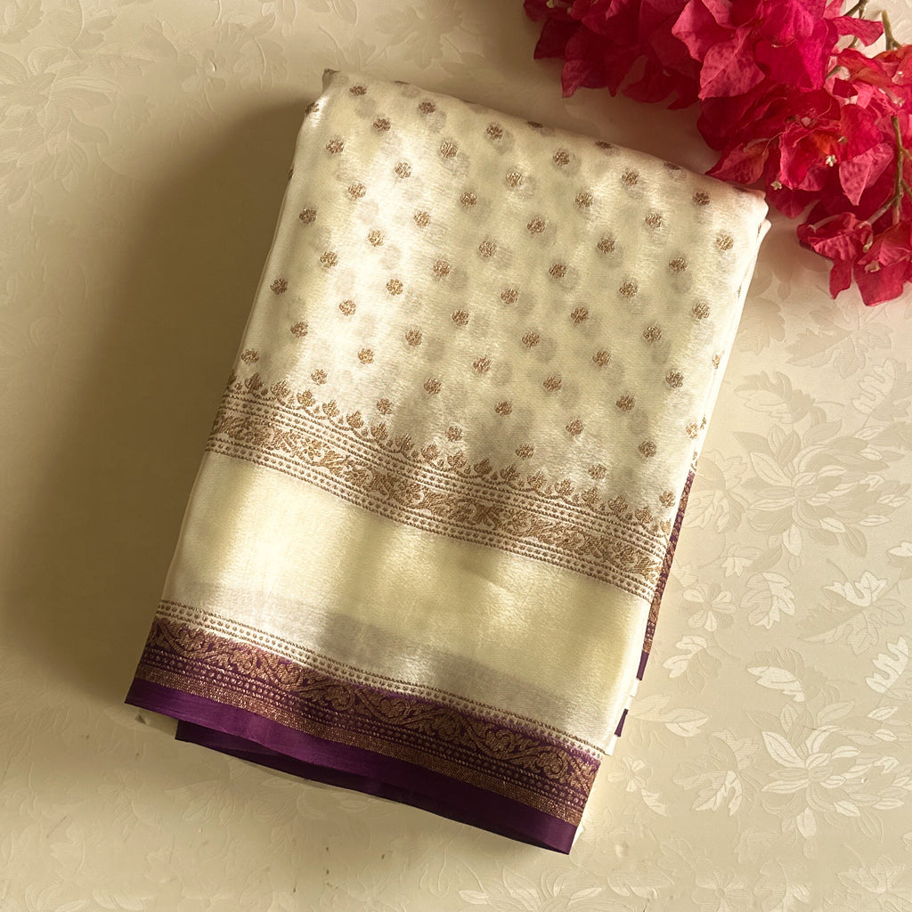 Ivory Plum Banarasi Silk Saree Antique Gold Zari Work Bridal