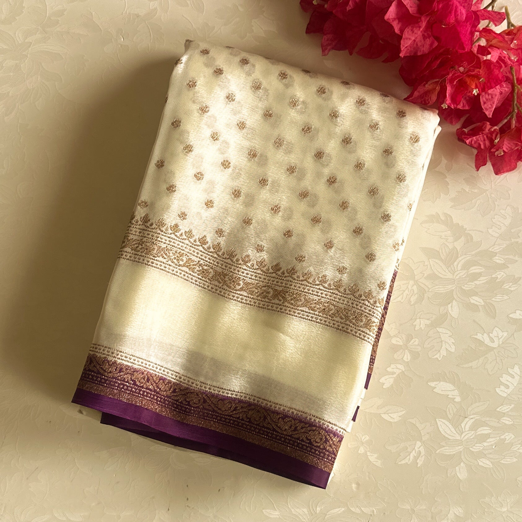 Ivory Plum Banarasi Silk Saree Antique Gold Zari Work Bridal