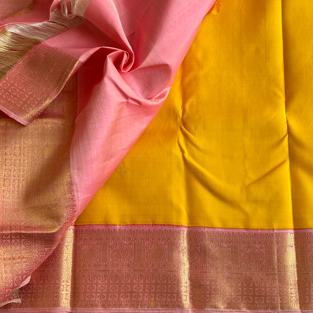 Golden Yellow With Stunner Metallic Rose Pink Pure Zari Kanjeevaram