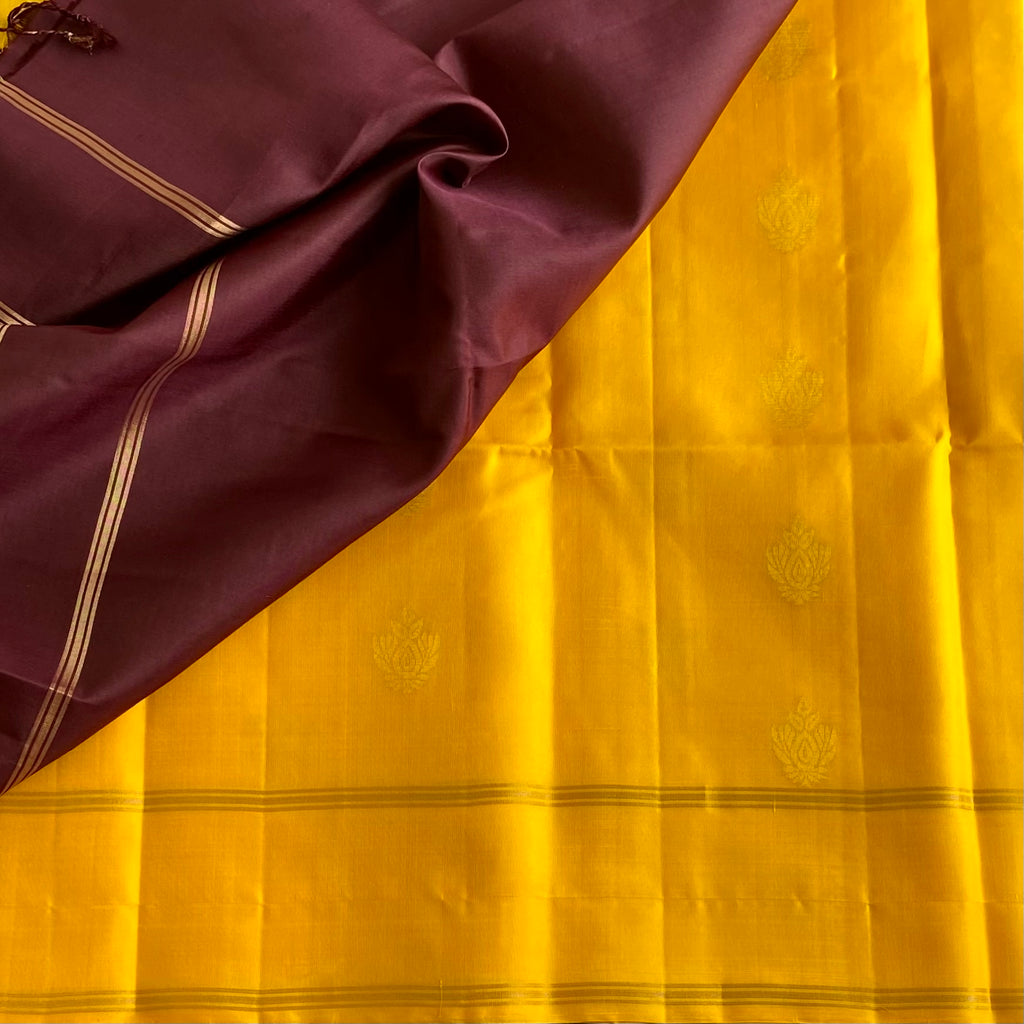 Golden Yellow Designer Pure Silk Saree With Deep Maroon Paisley Pallu