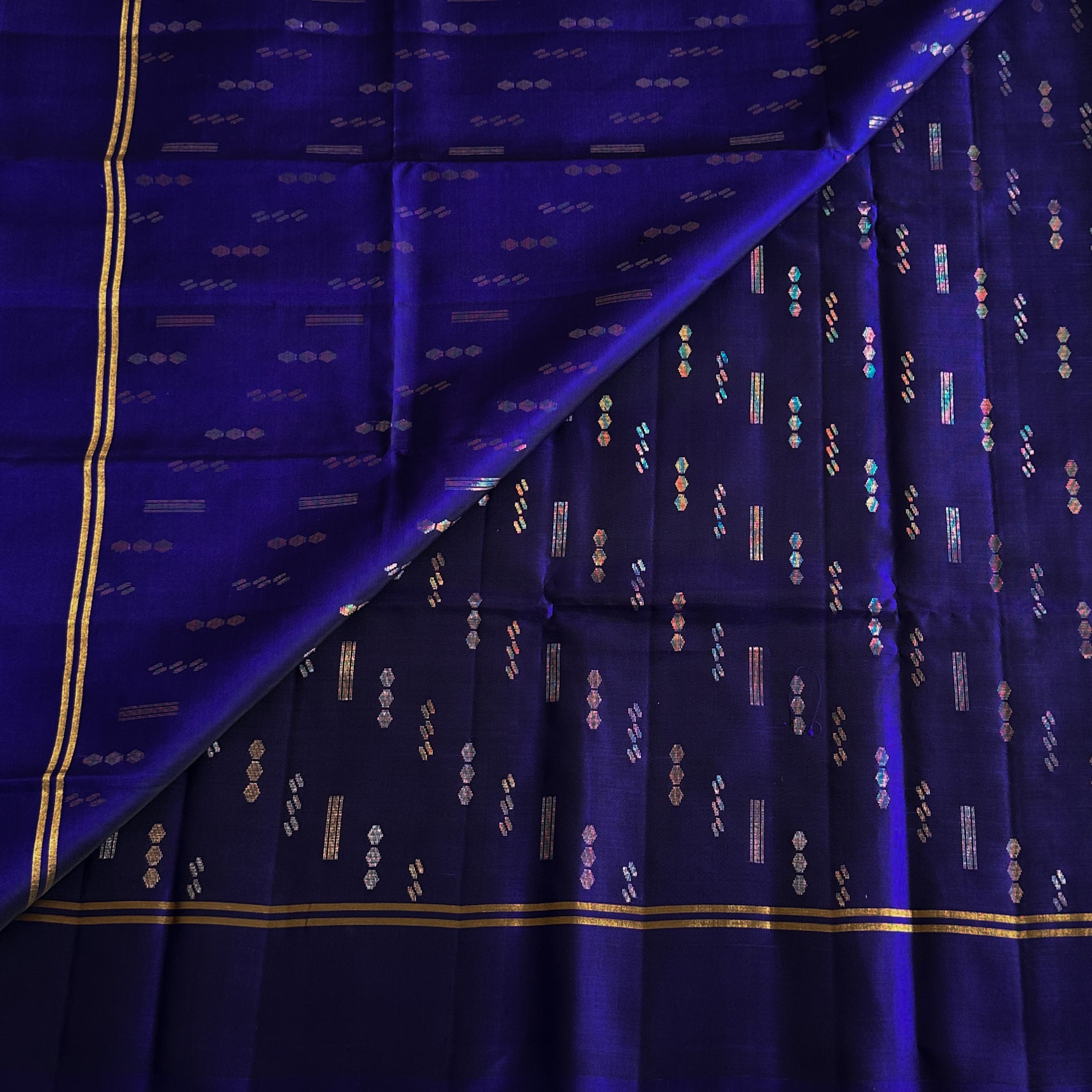 Royal Blue Saree With Gold Zari Floral Pallu And Tassels