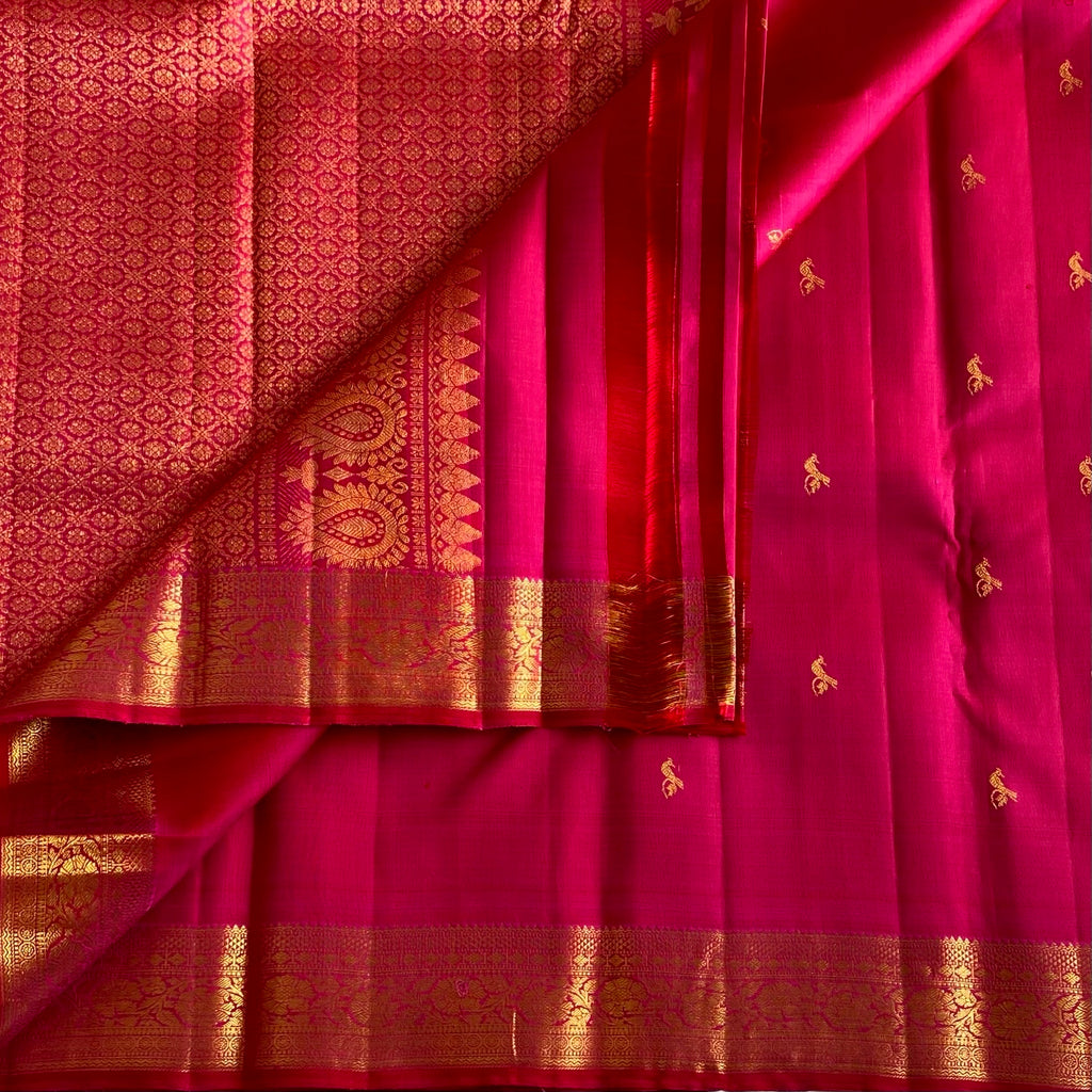 Cherry Pink Kanjeevaram Pure Zari Silk Saree With Zari Gold Border