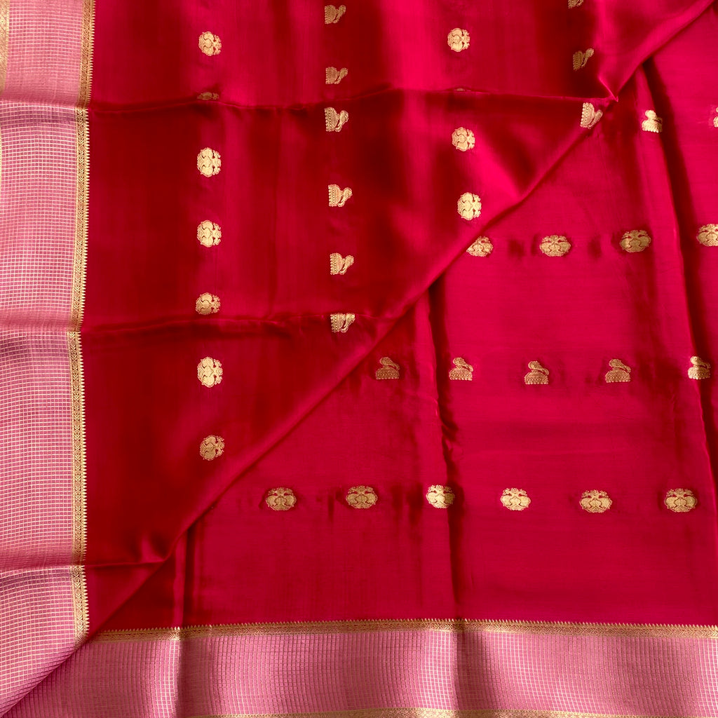 Cherry Red Soft Crepe Silk Saree With Light Pink Pallu