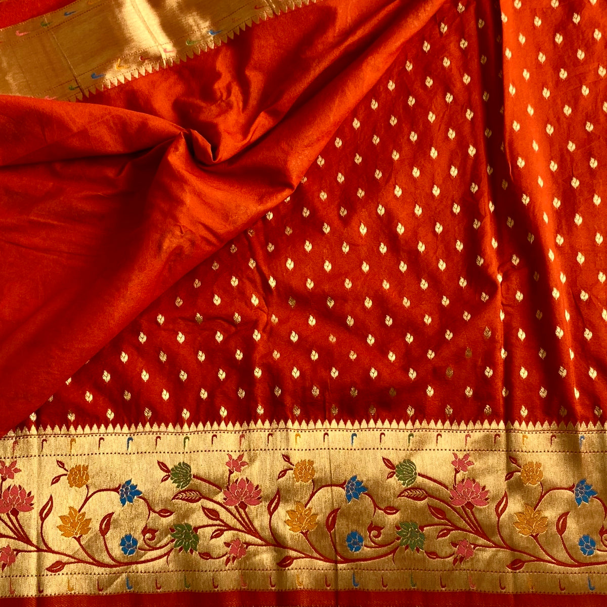 Burnt Orange Soft Crepe Silk Saree With Antique Gold Pallu