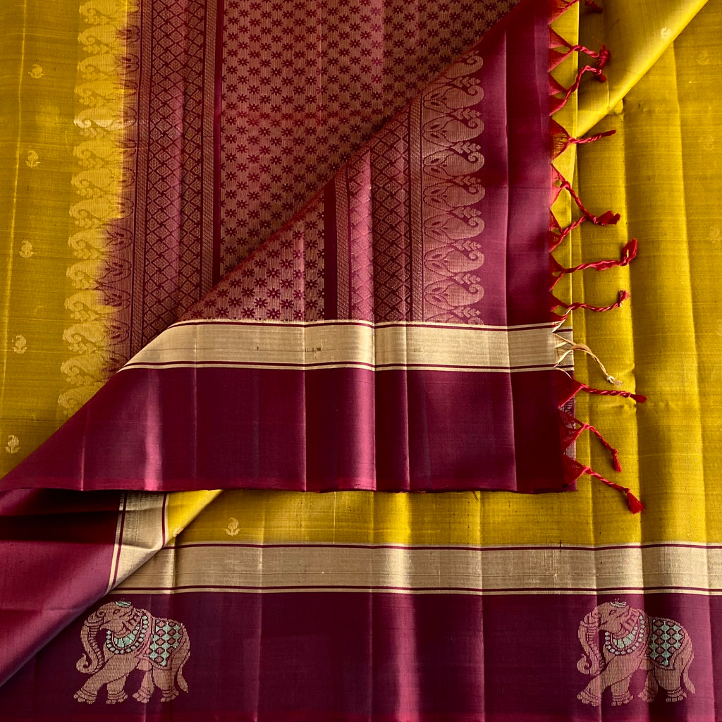 Mustard Yellow Designer Pure Silk Saree With Deep Maroon Pallu