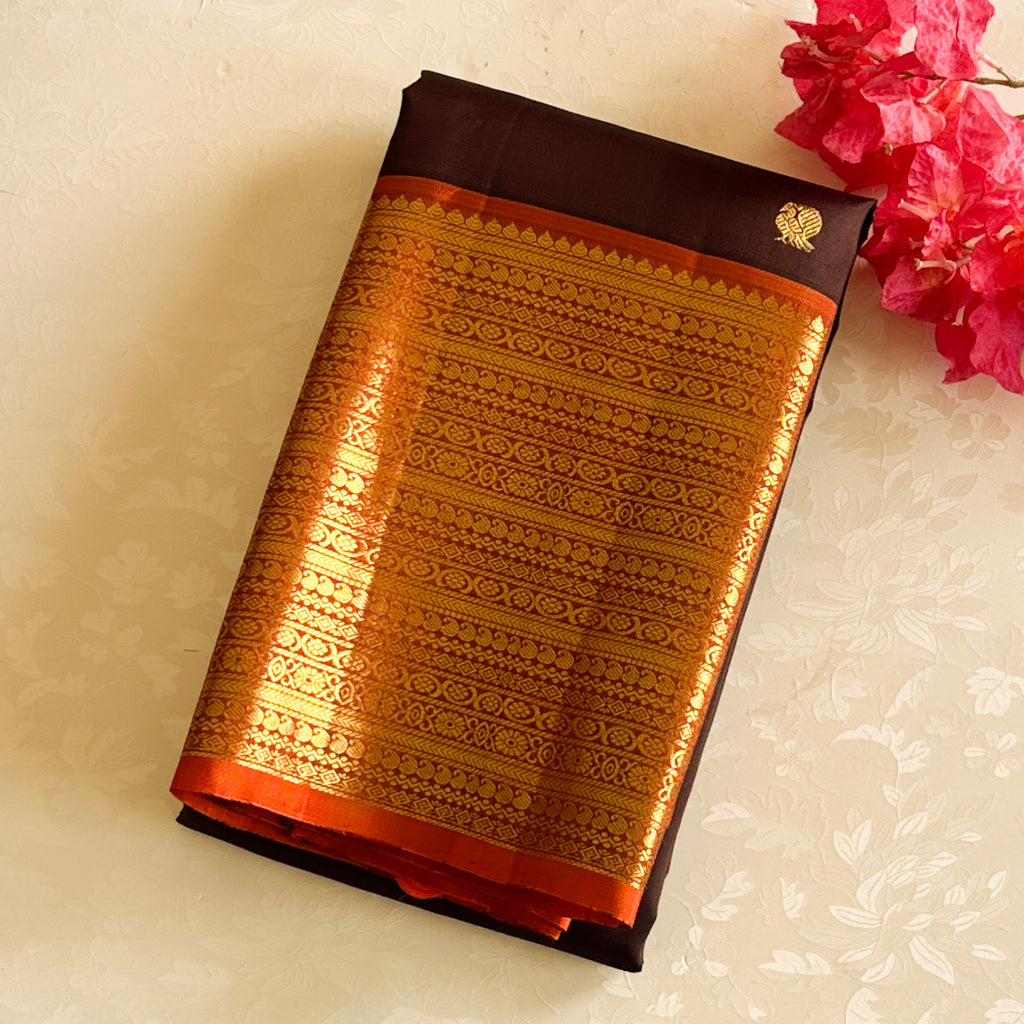 Deep Coffee Brown Luxurious Kanjeevaram Pure Silk with Rust orange borders
