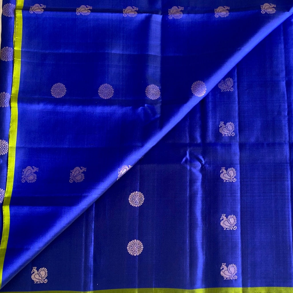 Royal Blue Designer Pure Silk Saree With Lime Green Pallu
