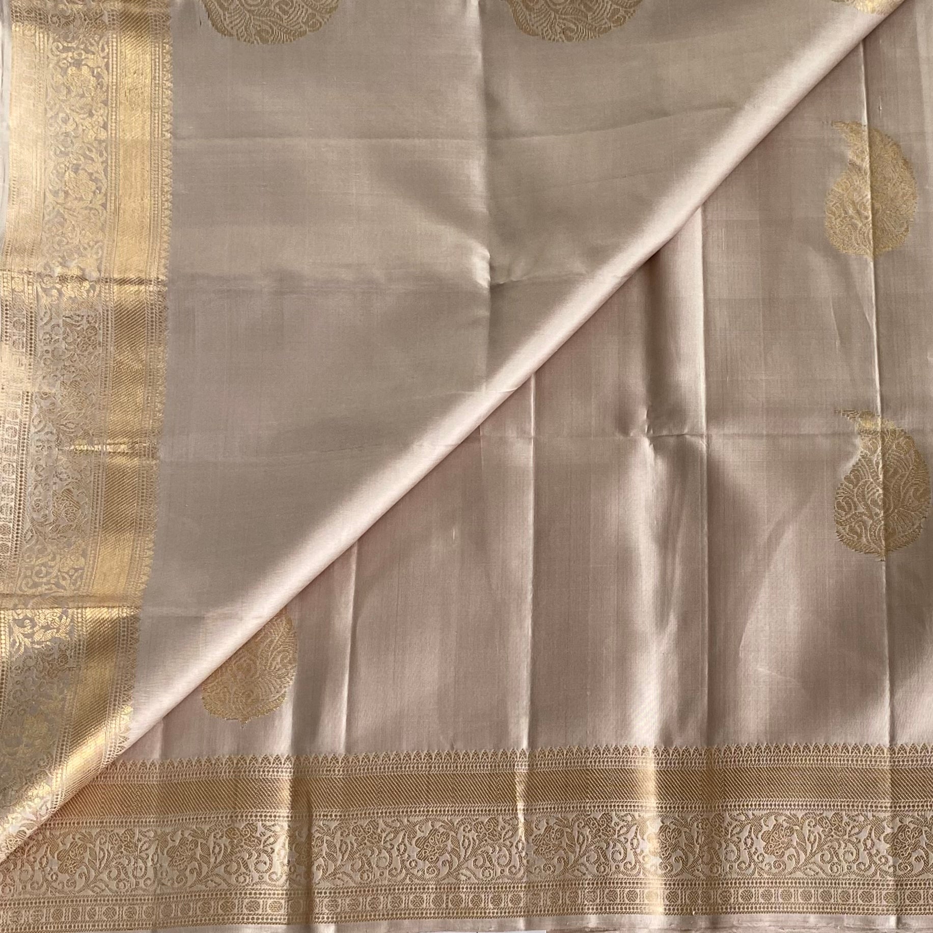 Champagne Designer Pure Silk Saree With Antique Gold Border