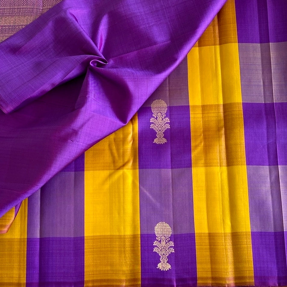 Mustard Yellow Kanjeevaram Pure Zari Silk Saree With Royal Purple Checks