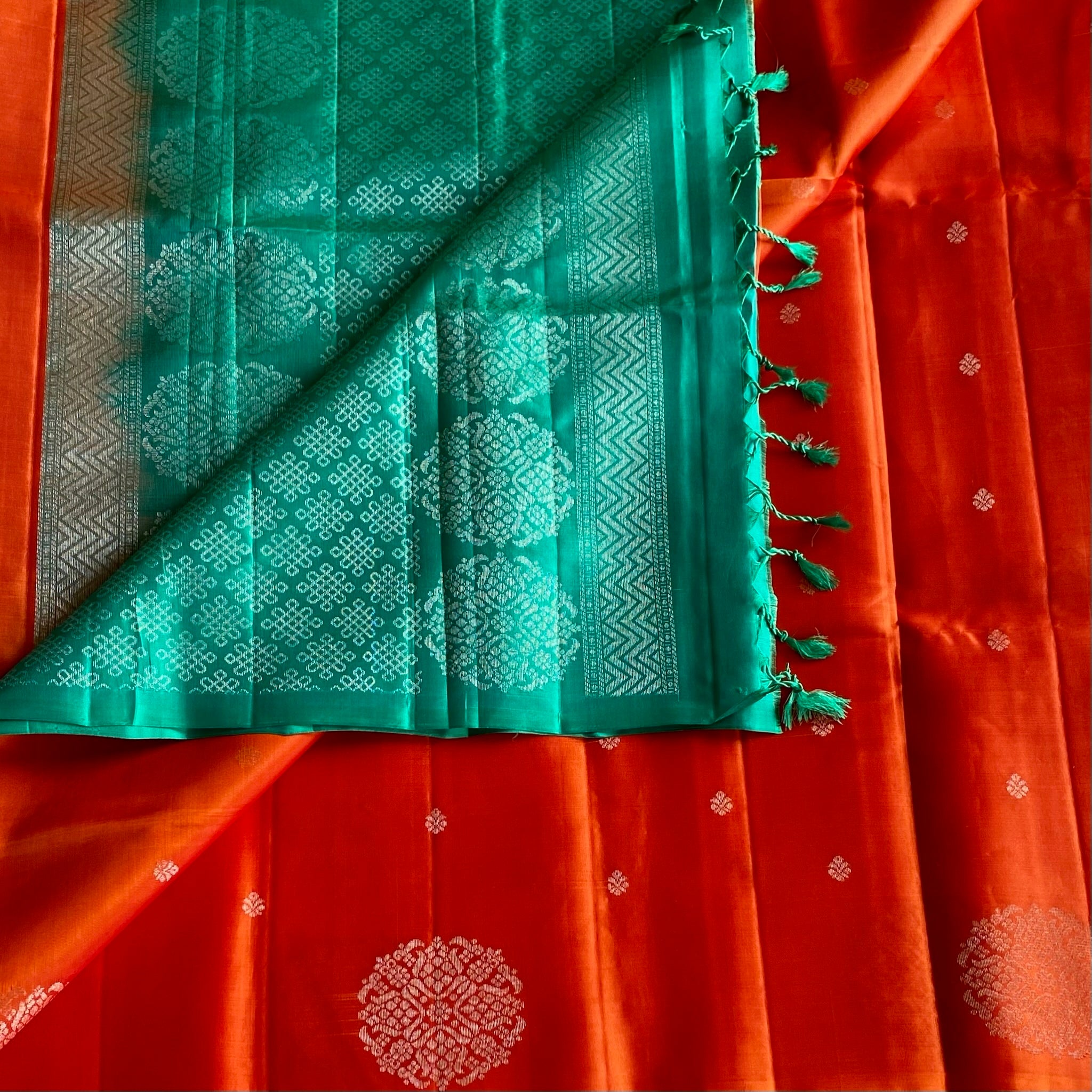 Burnt Orange Designer Pure Silk Saree With Teal Green Pallu