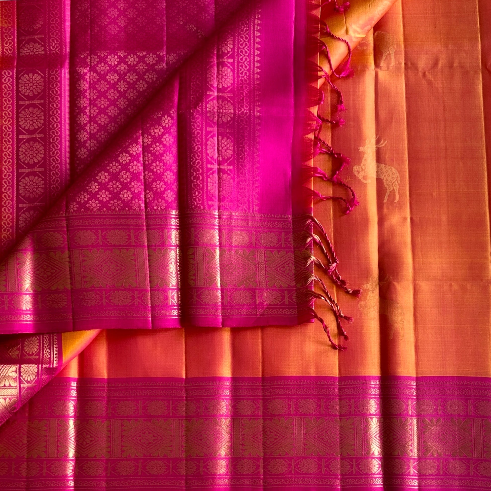 Traditional Sunset orange with rani pink handwoven pure silk saree with zari woven buttas