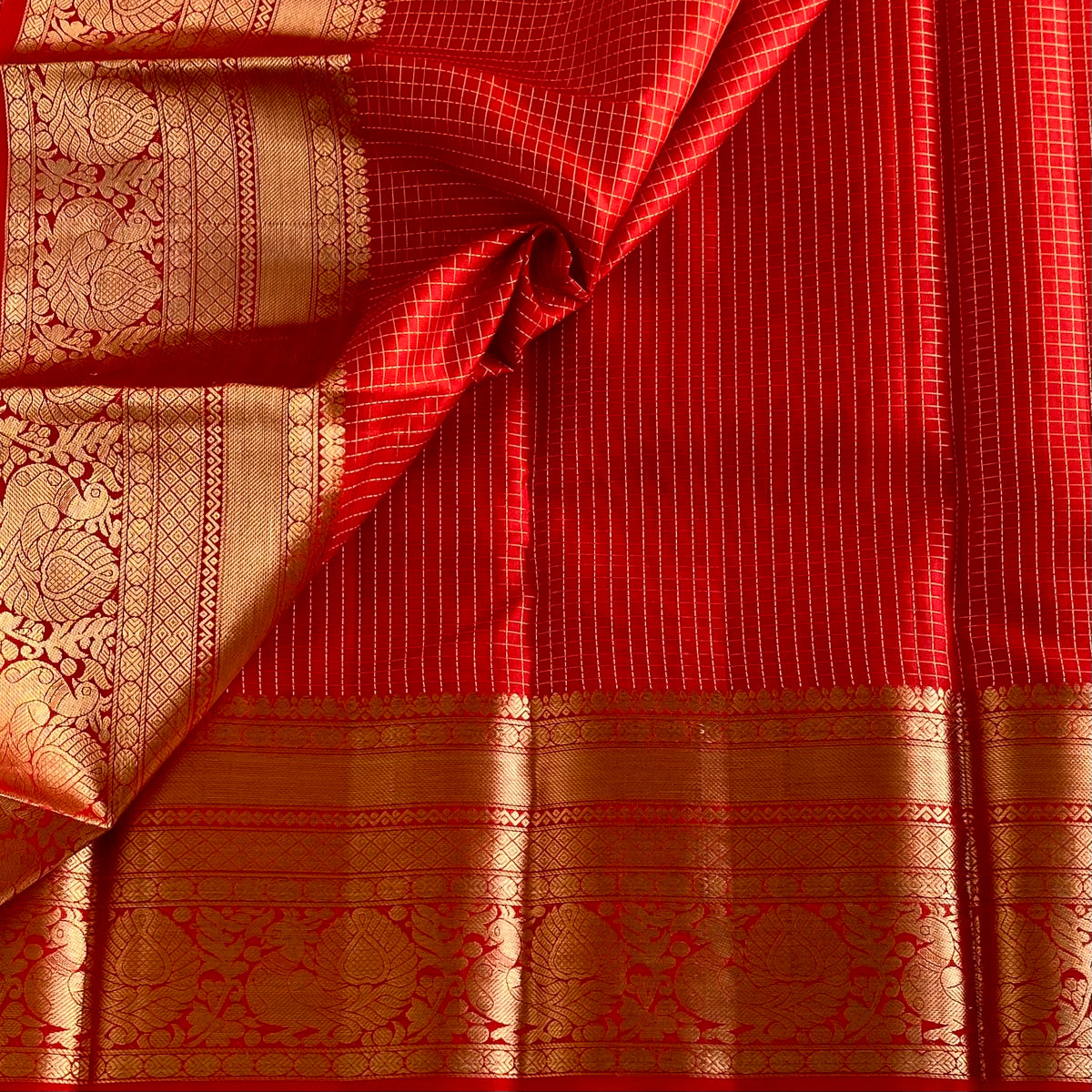 Micro Checkered Vermilion Red Designer Pure Silk Saree With Antique Gold Pallu