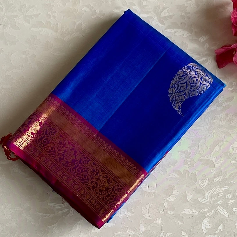 Royal Ink Blue And Deep Magenta Designer Pure Silk Saree With Gold Zari