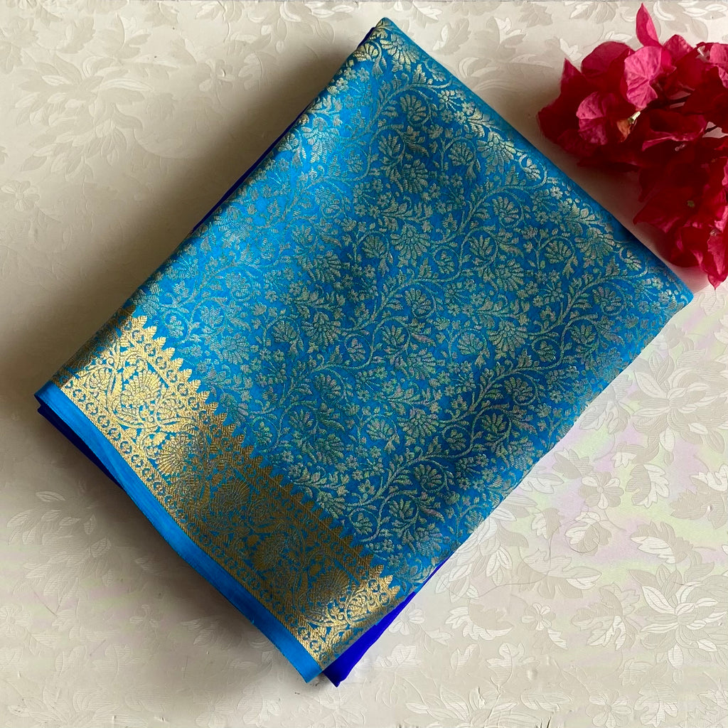 Royal Blue with Turquoise Half n Half Mysore Crepe Silk Saree With Metallic Gold Details