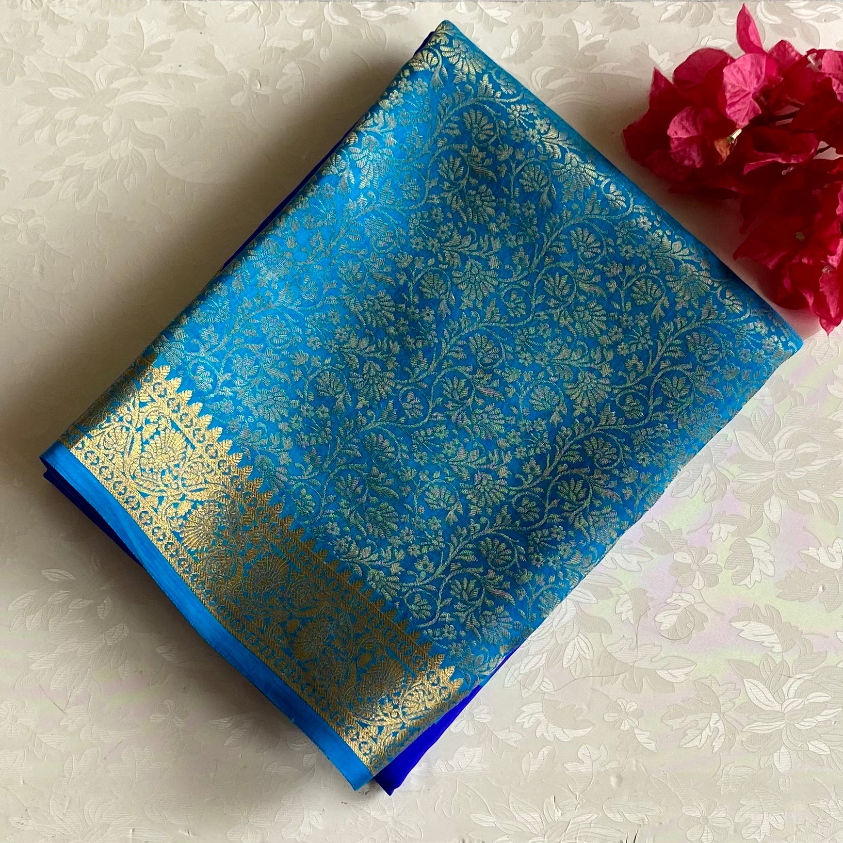 Royal Blue with Turquoise Half n Half Mysore Crepe Silk Saree With Metallic Gold Details