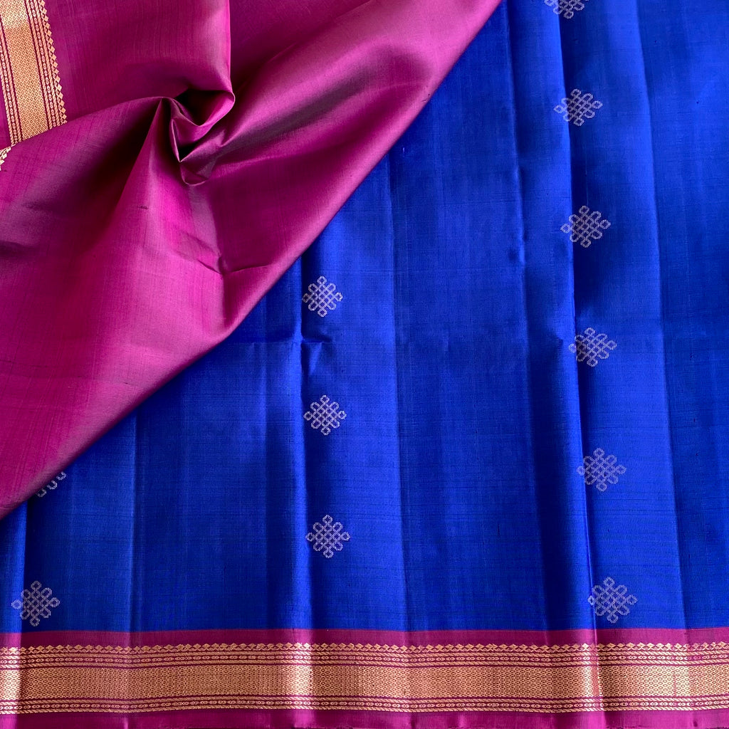 Deep Royal Blue Kollam Designer Pure Silk Saree With Magenta Floral Pallu