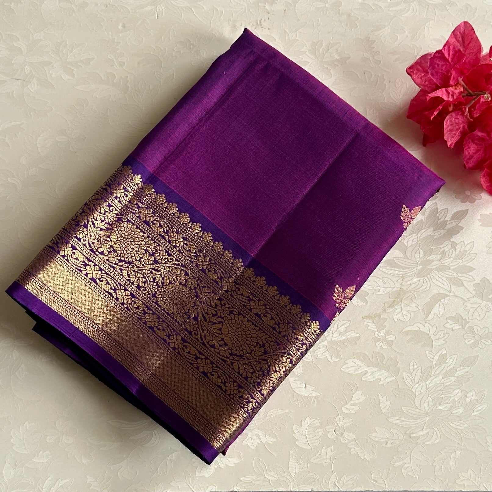 Deep Magenta Silk Saree with Gold Brocade Floral Pallu Border
