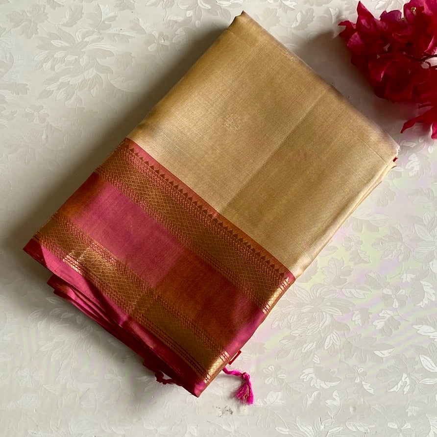 Golden Beige Designer Pure Silk Saree With Soft Rose Pink Pallu Gold Border