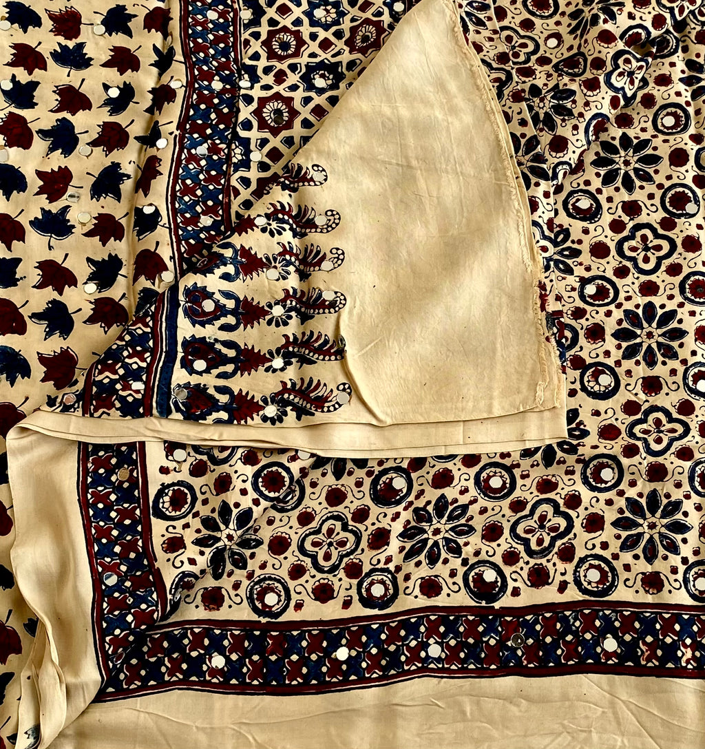 Ajrakh Handblock Printed Handcrafted Mirror Work Silk Saree Buttery Beige With Deep Maroon Accents