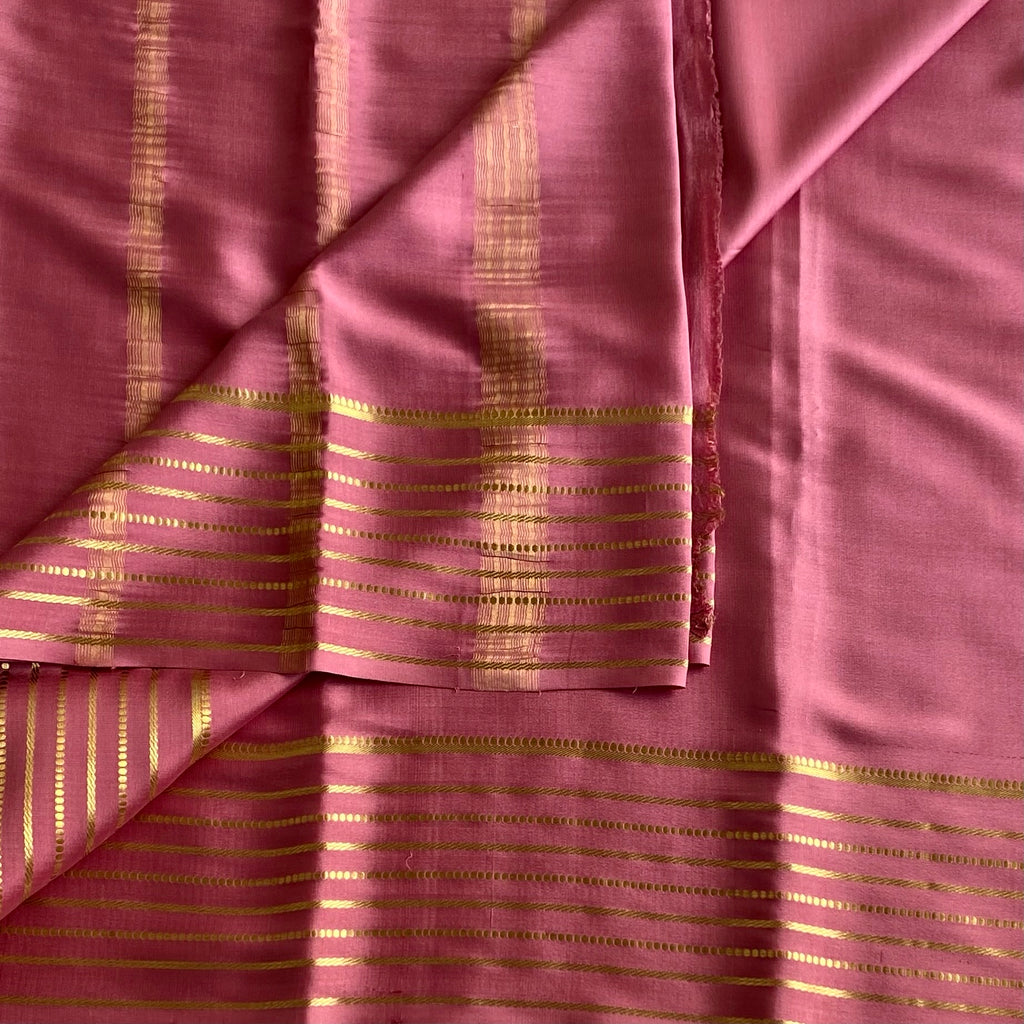Metallic Rose Pink Mysore Crepe Silk Saree With Gold Striped Pallu And Border