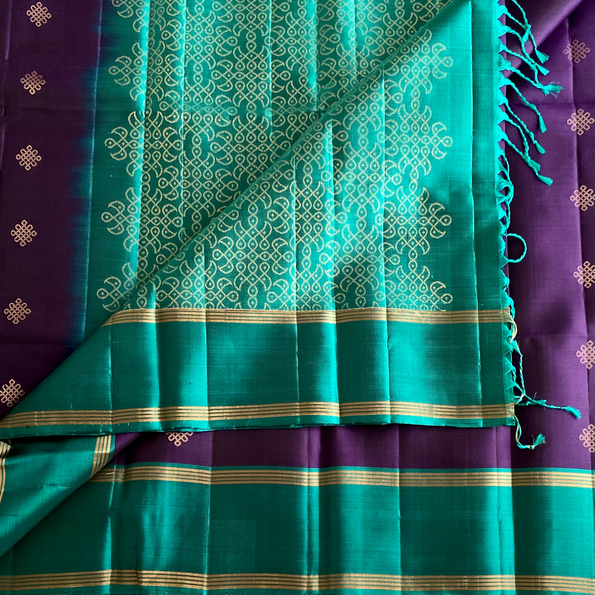 Deep Purple & Teal Kollam Designer Pure Silk Saree With Contrast