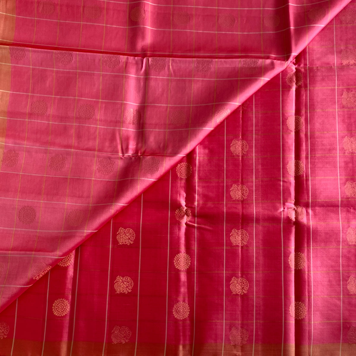 Sorbet Pink Checketed Designer Pure Silk With Peach Gold Pallu