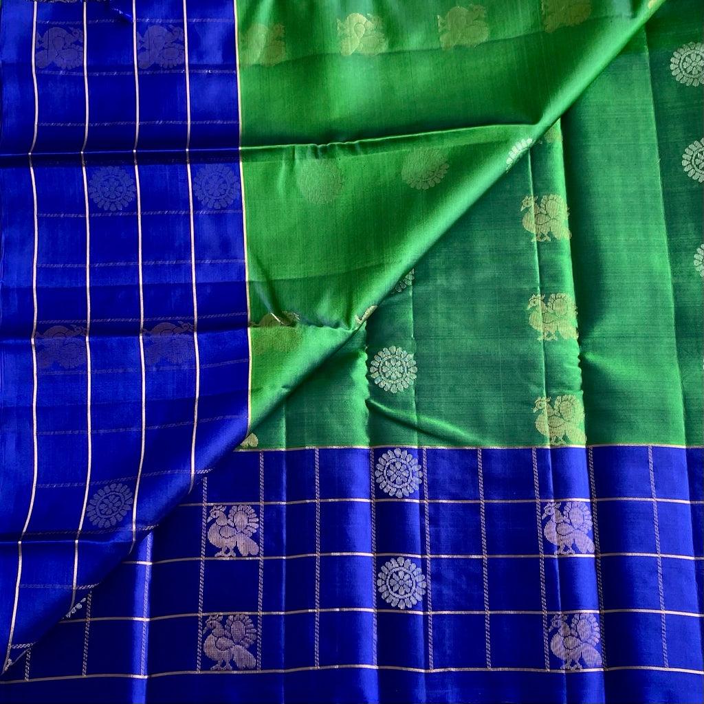 Spanish Green Designer Pure Silk Saree With Lapis Blue Pallu