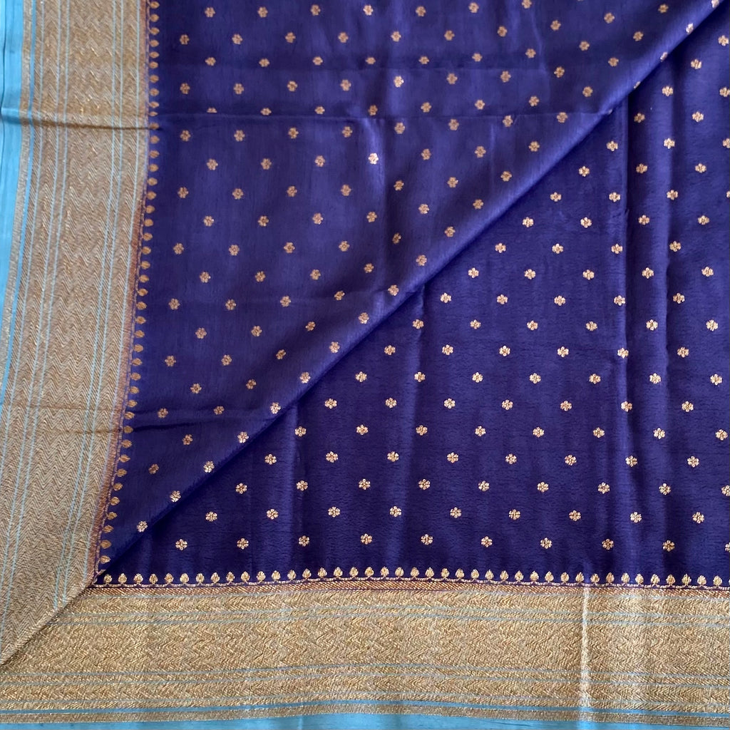 Midnight Blue Banarasi Crepe Silk Saree With Sky Blue Contrast