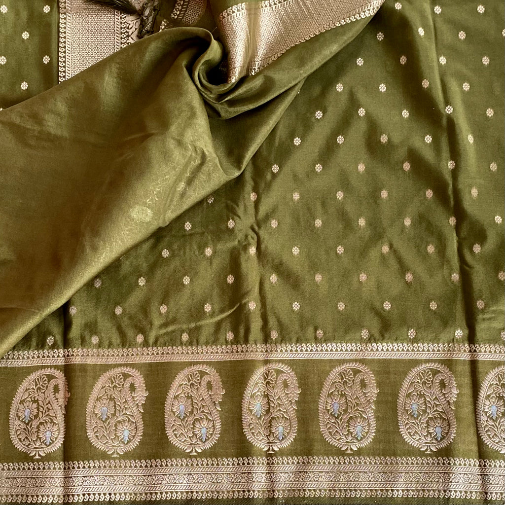 Olive Green Banarasi Style Saree Champagne Pallu Antique Gold Zari