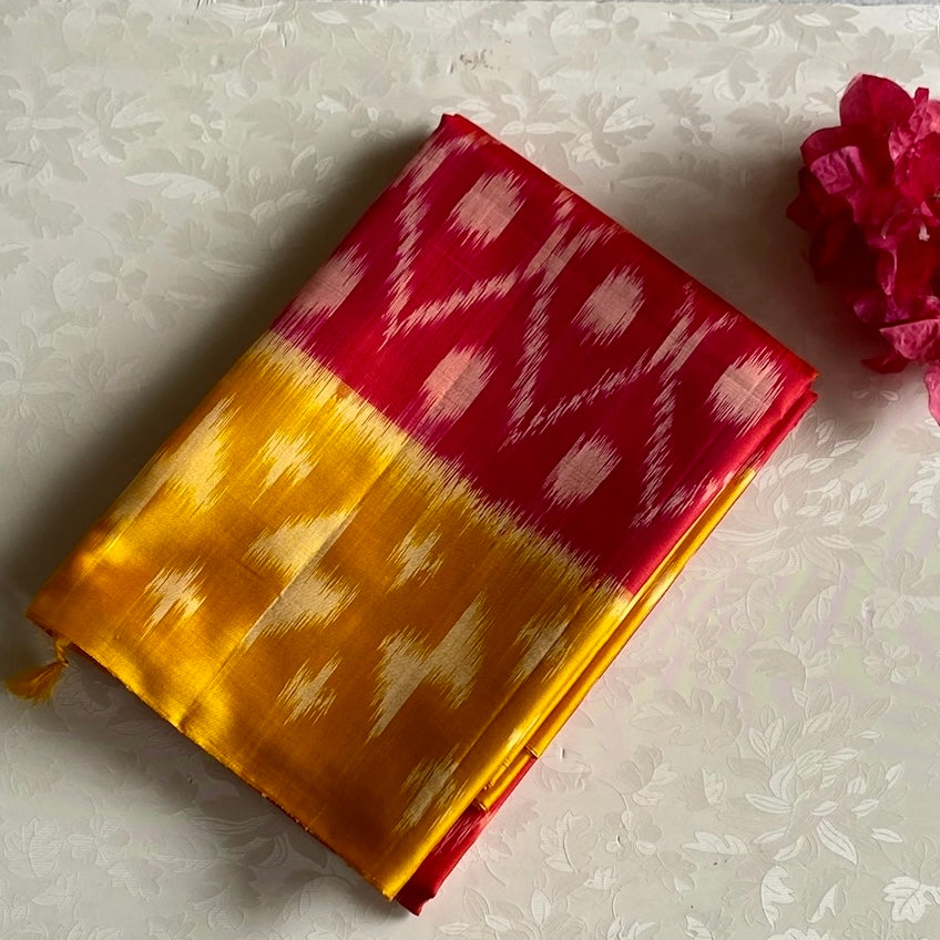 Reddish Pink Designer Pure Ikkat Silk With Saffron Yellow Pallu