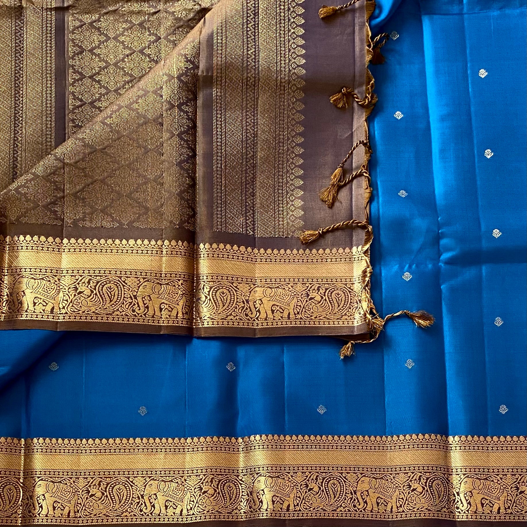 Cobalt Blue Designer Pure Silk Saree Bronze Brown Contrast Pallu