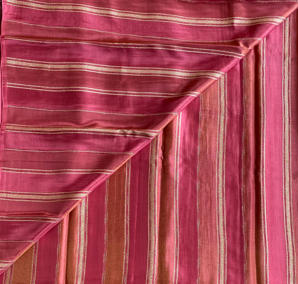Shades of Rose pink designer blended soft silk with zari stripes and contrast brown stunner blouse