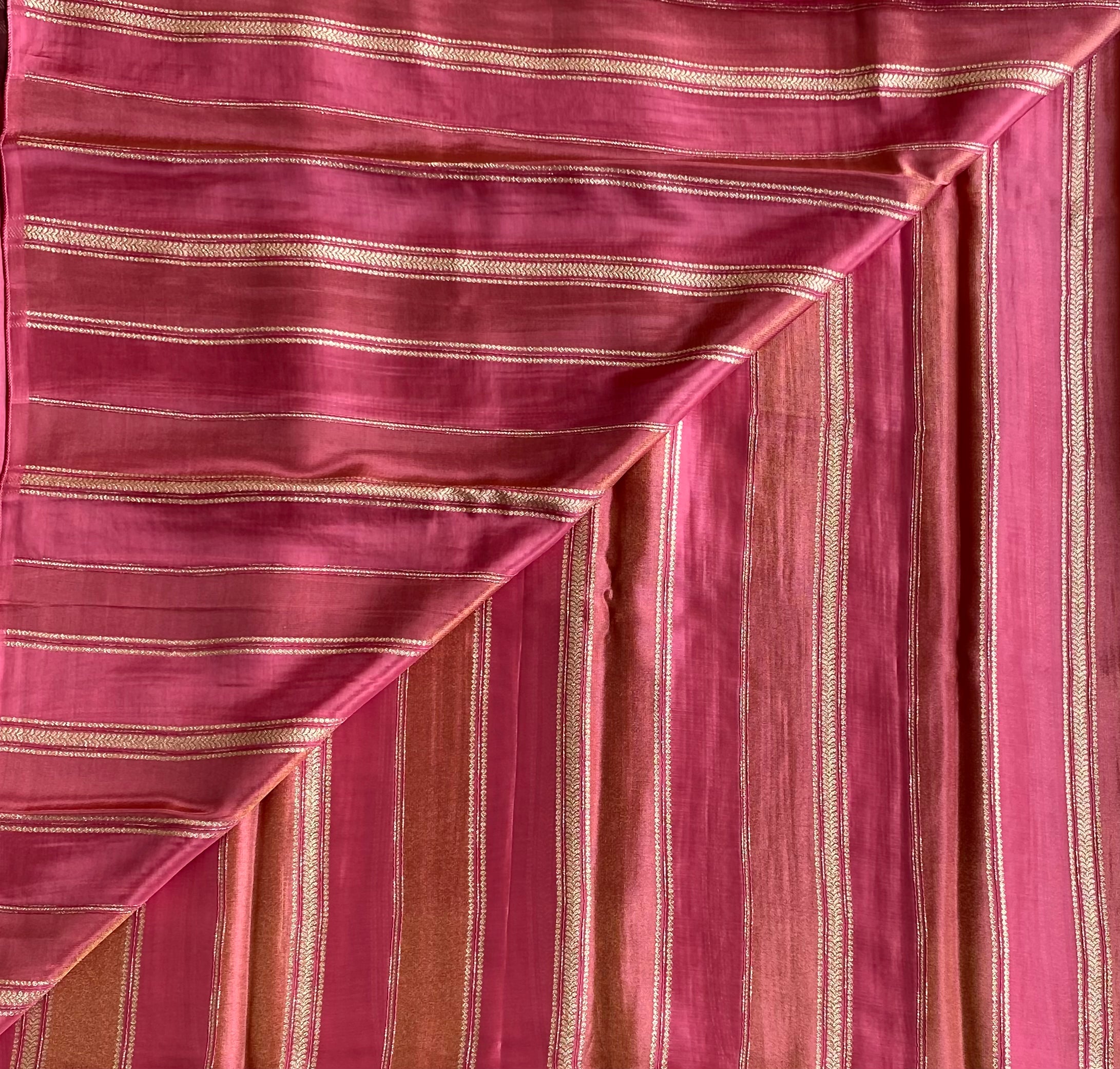 Shades of Rose pink designer blended soft silk with zari stripes and contrast brown stunner blouse