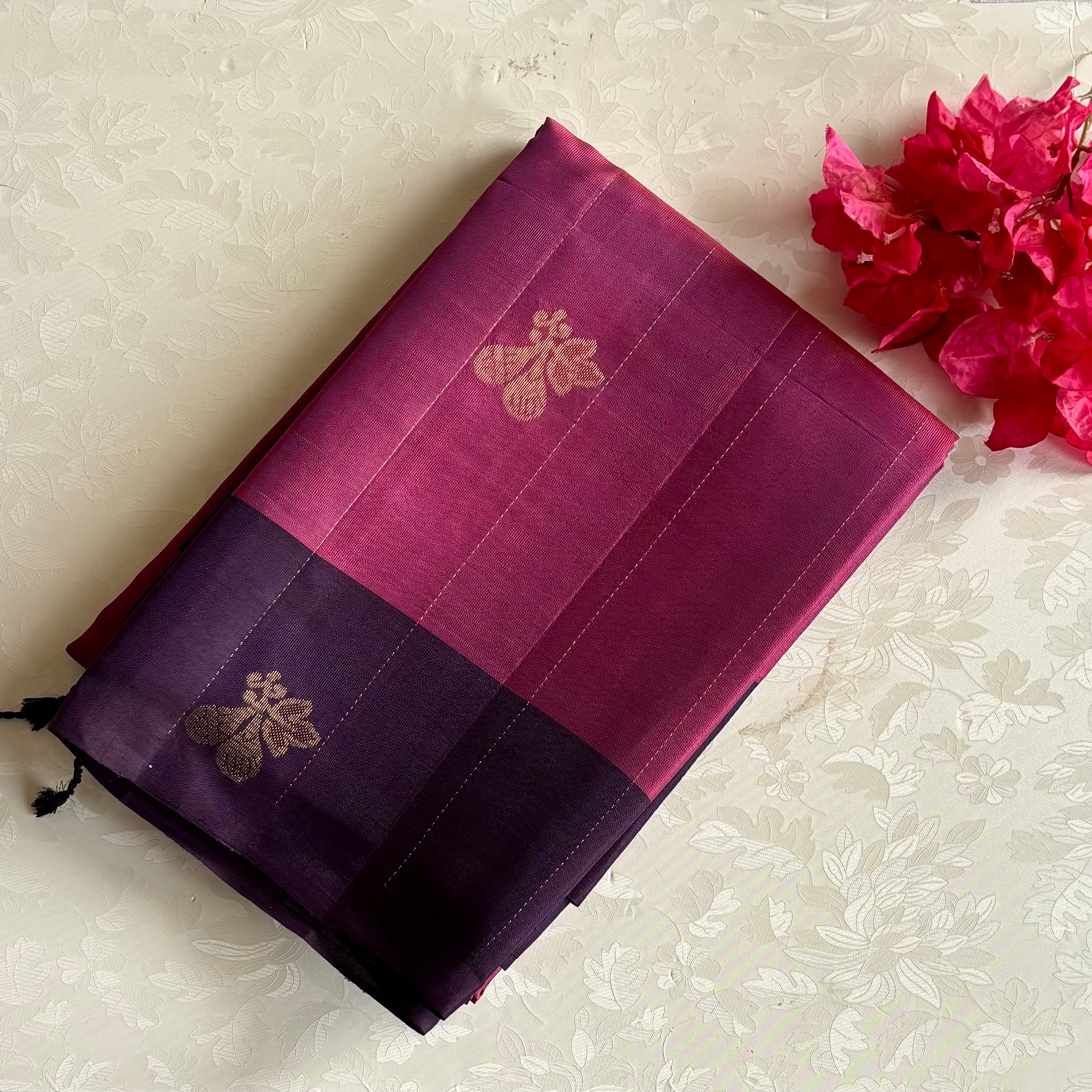 Dual Shaded Magenta Designer Pure Silk Saree With Purple Pallu