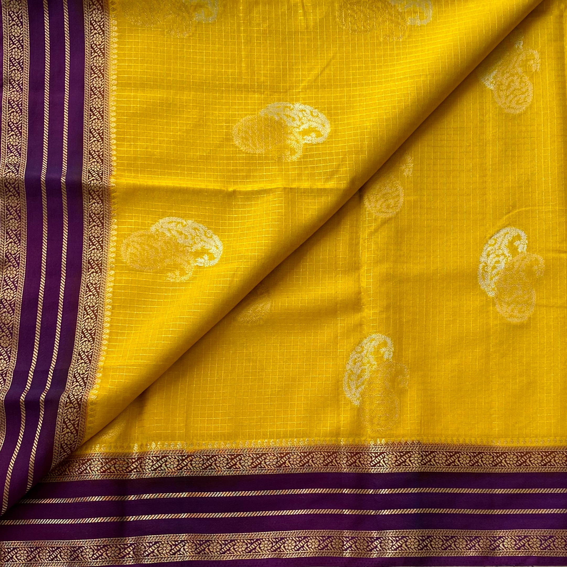 Golden Yellow Silk Saree Royal Purple Pallu Gold Zari Brocade