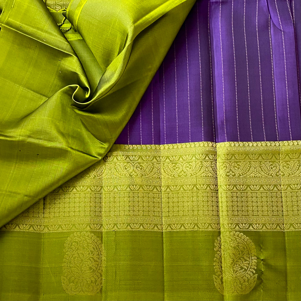 Purple Chartreuse Zari Paisley Silk Saree For Festive Traditional Events