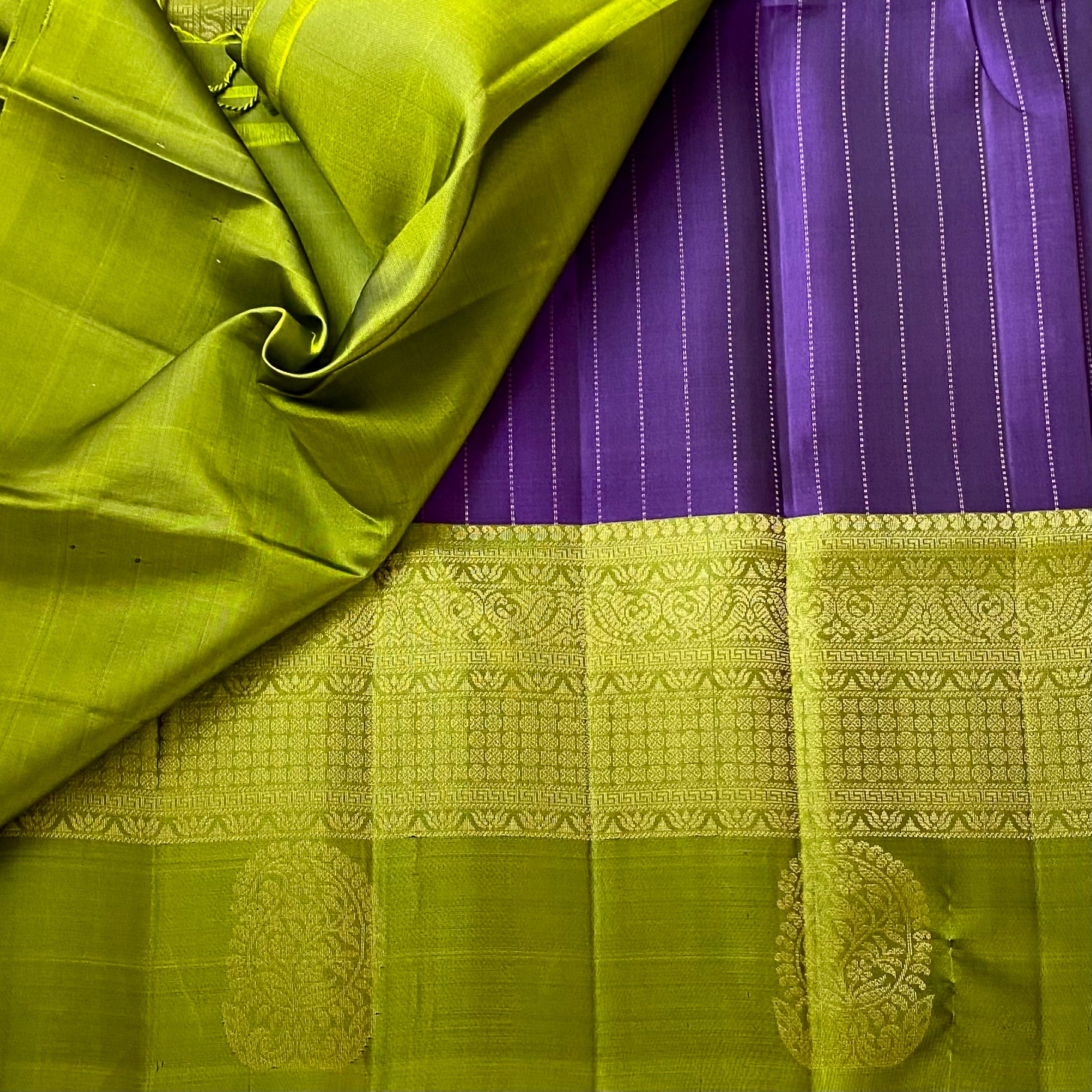 Purple Chartreuse Zari Paisley Silk Saree For Festive Traditional Events