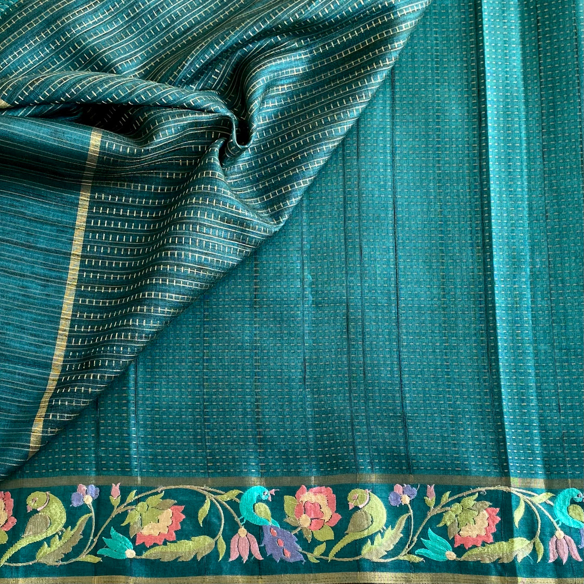 Deep Teal Soft Tussar Silk Saree With Antique Gold Floral Pallu